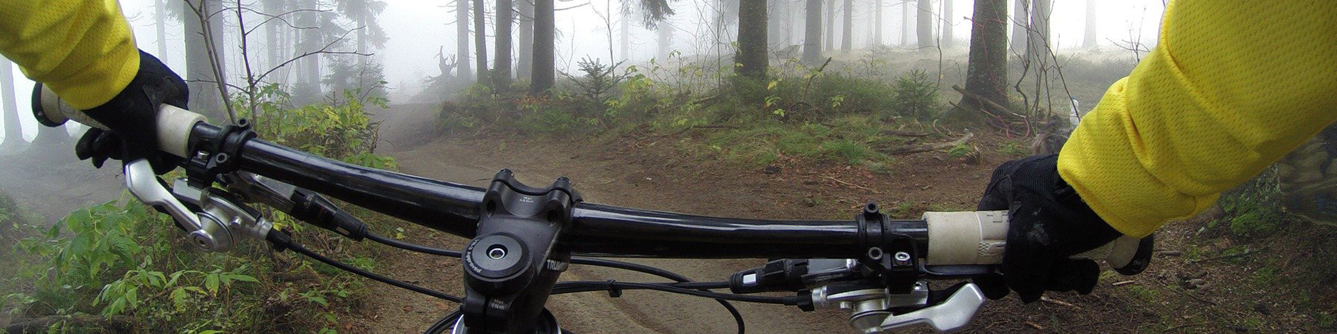 A POV shot of mountain biking through the forest on one of our brecon breaks